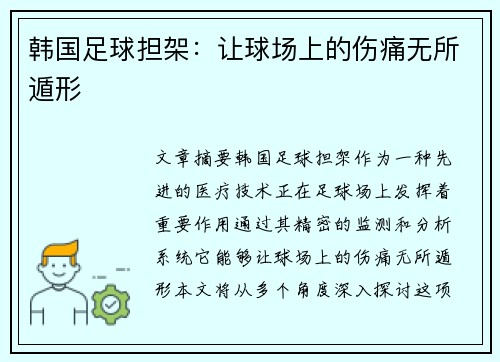 韩国足球担架：让球场上的伤痛无所遁形