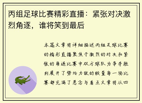 丙组足球比赛精彩直播：紧张对决激烈角逐，谁将笑到最后